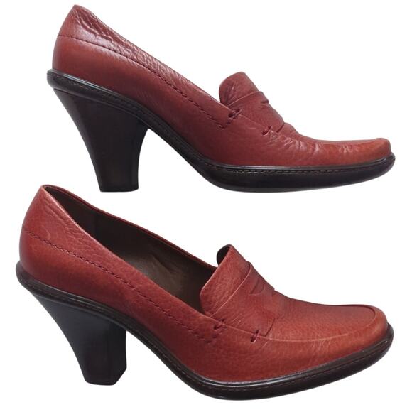 FRANCO SARTO Red Leather Heeled Loafers 3" Curved Taperd Heel Brazil Womens Sz 8 - Picture 1 of 7